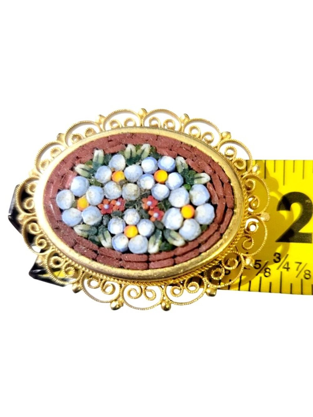 Vintage Italian Floral Micro Mosaic Brooch Gold Plated Blue Flowers Glass Tiles - Picture 8 of 8